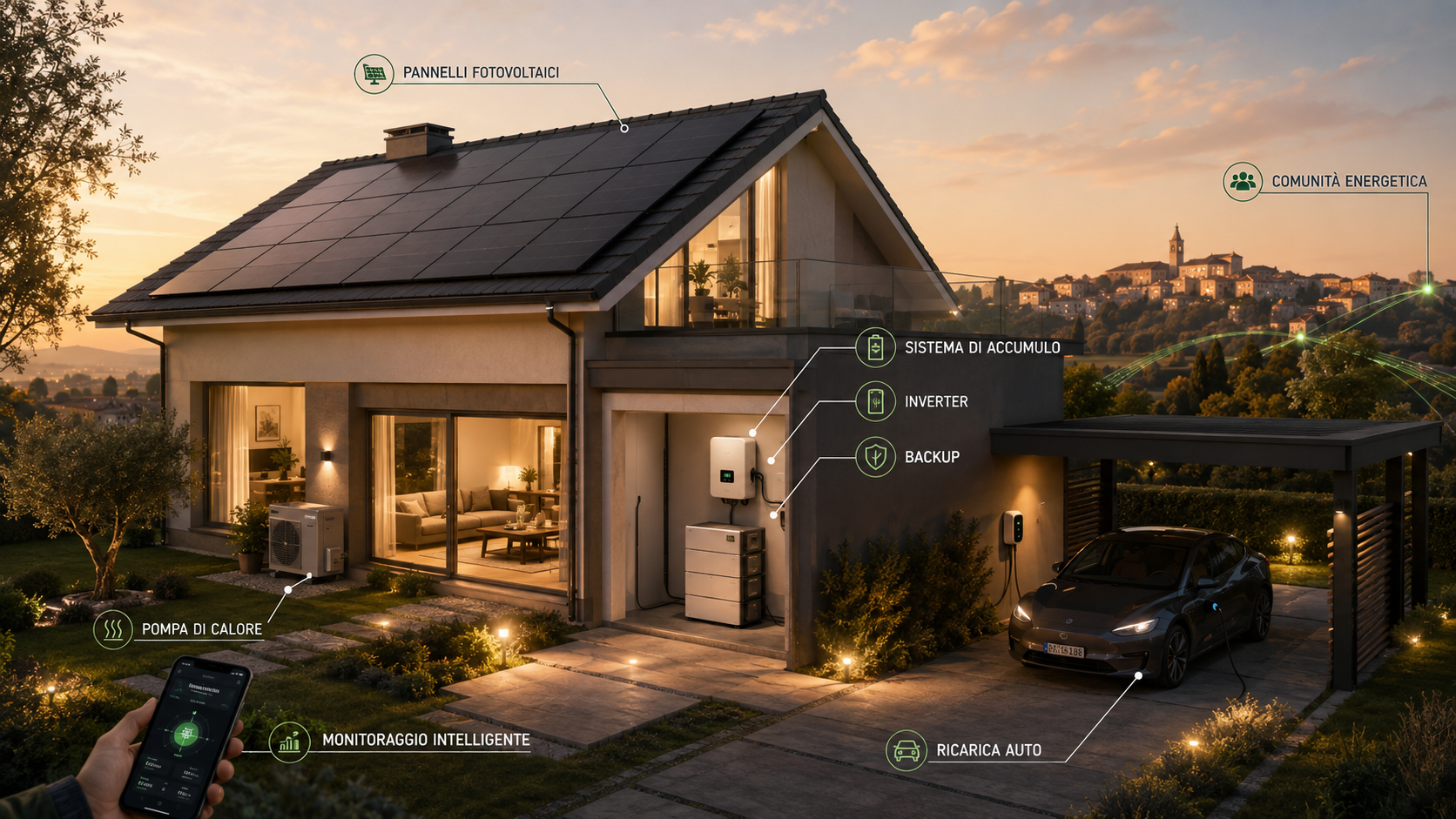 Ecosistema energetico domestico con fotovoltaico, accumulo, pompa di calore, ricarica auto e Comunità Energetica