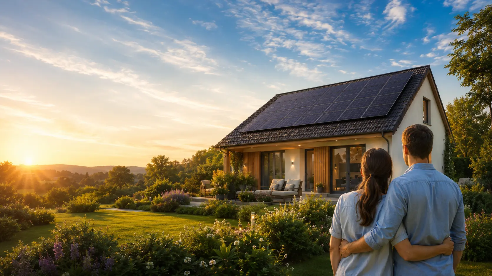 Coppia davanti alla propria casa con impianto fotovoltaico sul tetto